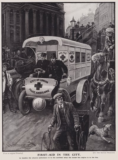 City of London Police elektrisk ambulance (litho) af English School