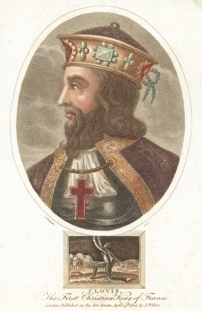 Clovis I, første kristne konge af frankerne (farvet gravering) af English School