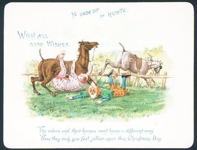 Klovne, der falder af deres heste under jagt, julekort af English School