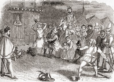 Hanekast, også kaldet cock-shying eller kaste efter haner, fra det gamle England: A Pictorial Museum, pub. 1847 af English School