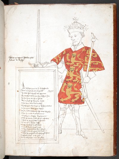 Koloreret tegning af en engelsk konge i rustning og fane (King John), der overrækker en plakette med vers. Uafsluttet. af English School