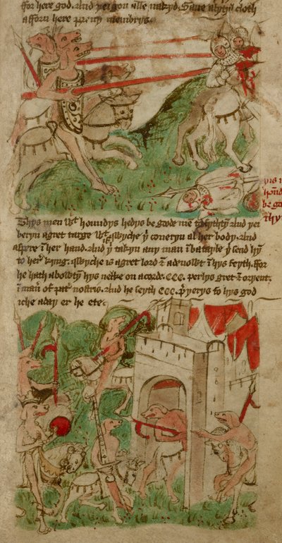 Farvede tegninger, der viser de hundehovedede mennesker ("Cynocephalus") på Nacumera Island, fra 