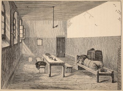 Condemned Cell, Newgate, illustration fra The Criminal Prisons of London og Scenes from Prison Life af Henry Mayhew og John Binny, pub. 1862 af English School