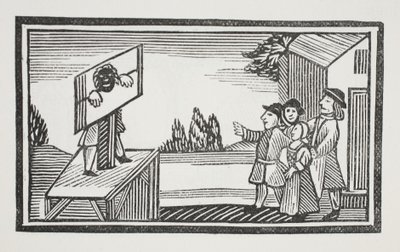 Dømt til at stå i en time eller mere i søjlen, illustration fra Chap-books of the Eighteenth Century af John Ashton, pub. 1882 af English School
