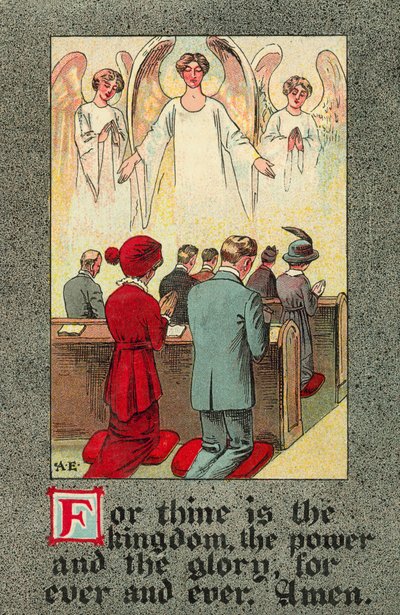 Menighed, der reciterer Fadervor (farve litho) af English School