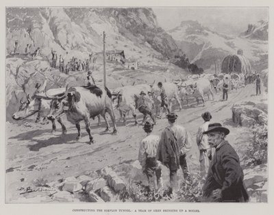 Konstruktion af Simplon-tunnelen, et hold okser, der bringer en kedel op (litho) af English School