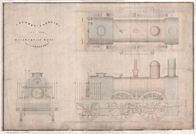 Construction drawing, 0-4-2 locomotive and tender by R. and W. Hawthorn and Co. for the Stanhope and Tyne Railway Codani af English School