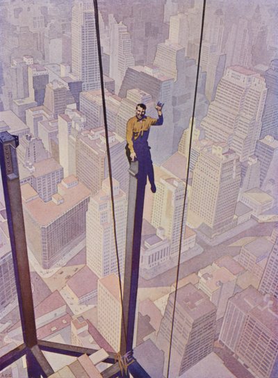 Bygningsarbejder på stålrammen af en skyskraber højt over gaderne i New York City, New York, USA (farve litho) af English School