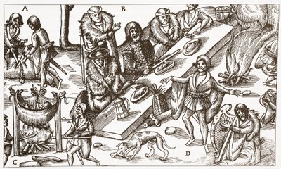 Moderne illustration af en gælisk irsk høvding, der spiser et måltid af English School