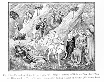 Kroning af den Store Khan (Kublai Khan) (1214-94) Tartarens første konge, fra Fleur des Histoires de la Terre dOrient, udarbejdet af Hayton (d.1271), illustration fra Science and Literature i t. af English School