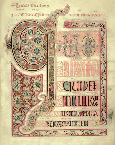 Cott Nero DIV f.139 Incipit side til St. Lukasevangeliet, fra Lindisfarne evangelierne, 710-721 (vellum) af English School
