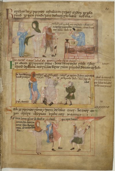 Cotton Claudius B IV fol.10 Lamech og hans to hustruer og hans søn, Tubalcain, smeden, på arbejde (vellum) af English School