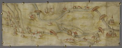 Bomuld MS Augustus I i 65 Kort over floden Trent og dens bifloder mellem Nottingham og Newark, ca. 1540 (pen og blæk med akvarel på papir) af English School