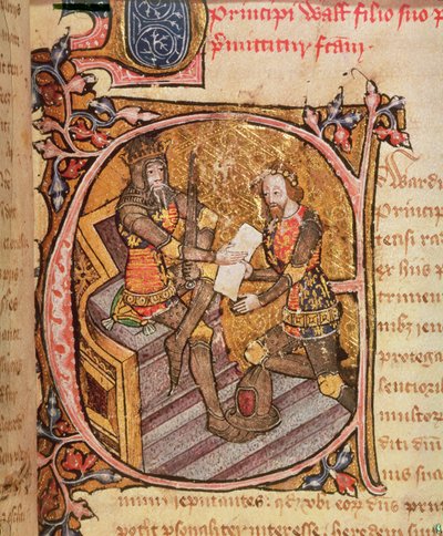 Bomuld Nero D VI fol.31 Edward III giver den sorte prins fyrstedømmet Aquitaine af English School