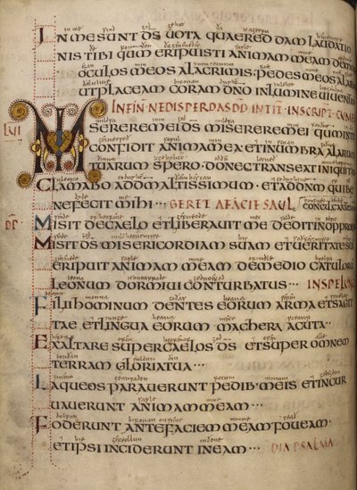 Bomuld Vespasian A. I, f.55v Salme 56 med oldengelsk glans og dekoreret initial MI af English School