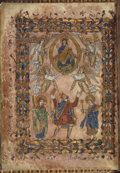 Bomuld Vespasian A. VIII, f.2v Edgar tilbyder charter til Kristus, illustration fra 