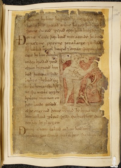 Cotton Vitellius A. XV f.104r, A panotii, dvs. en mand med ører, der rager ud på stilke, der holder en genstand, der ligner en sløjfe, illustration fra Beowulf, fra 