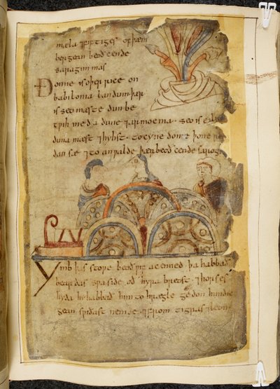 Bomuld Vitellius A. XV f.105, et gyldent vintræ; tre mennesker taler, repræsenterende en venlig nation, der regerer Det Røde Hav, hvor de bedste perler findes, illustration fra Beowulf, fra 