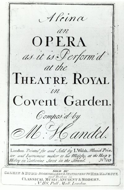 Cover til Nodehæfter til Alcina, en opera af Händel, udgivet i 1735 af English School