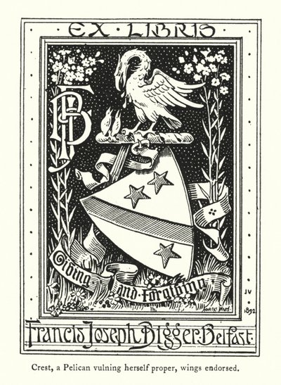Crest, en pelikan, der fylder sig selv, påtegnet med vinger (gravering) af English School