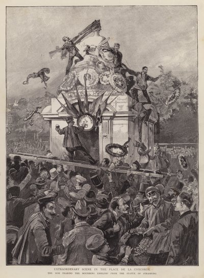 Folkemængder river sørgende emblemer ned fra statuen af Strasbourg på Place de la Concorde, Paris af English School