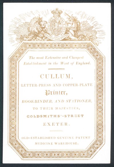 Cullum, Letter-Press og Copper-Plate Printer, handelskort af English School
