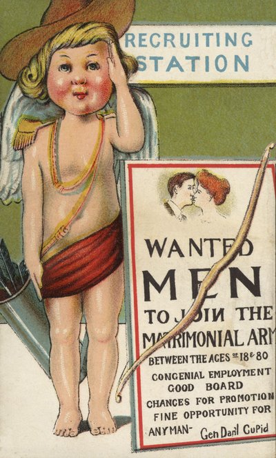 Amor som rekrutterer til hæren (farve litho) af English School