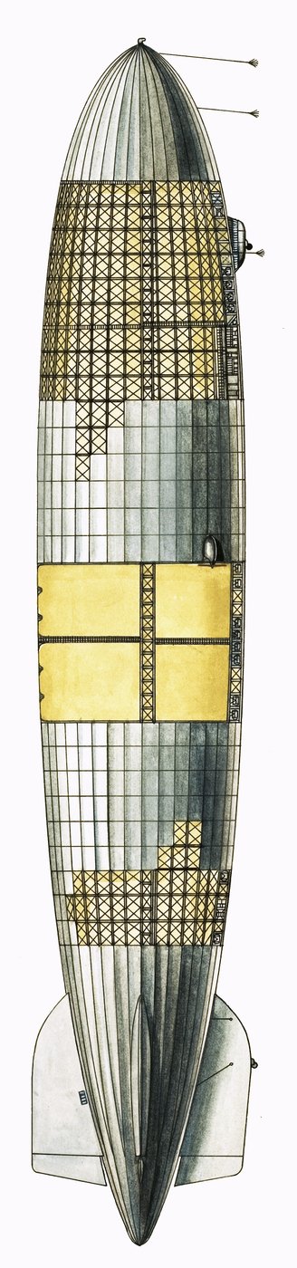 Udskåret tegning, der viser luftskibets indre struktur af English School