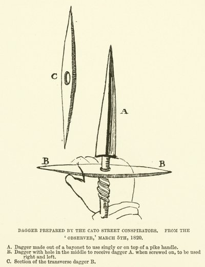 Dolk udarbejdet af Cato Street Conspirators, fra Observer, 5. marts 1820 (gravering) af English School