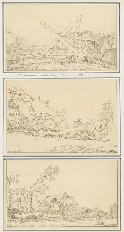Skader forårsaget af den store storm ved Roehampton, 1780 (blæk på papir) af English School