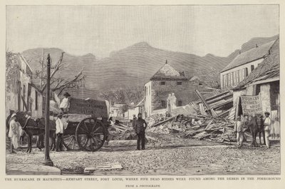 Mauritius-cyklonen i 1892 forårsagede skade på Rempart Street, Port Louis. af English School