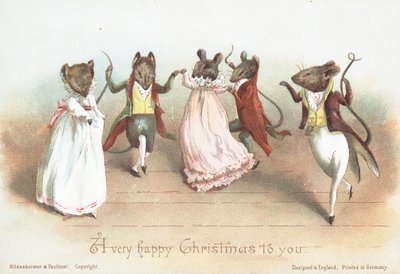 Dansende mus i tøj, julekort af English School