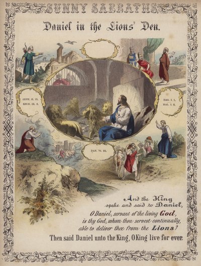 Daniel i løvenes hule (farvet gravering) af English School