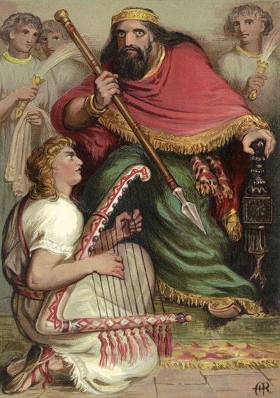 David spiller på harpe foran Saul af English School