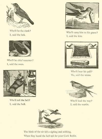 Cock Robins død og begravelse (træsnit) af English School
