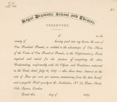 Gældsbrev for Royal Dramatic School and Theatre, 73 Dean Street, Soho Square, London af English School