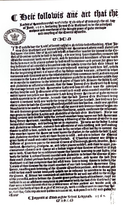 Erklärung der Lords, die den Earl of Bothwell als Mörder von Lord Darnley angeben, 1567 von English School