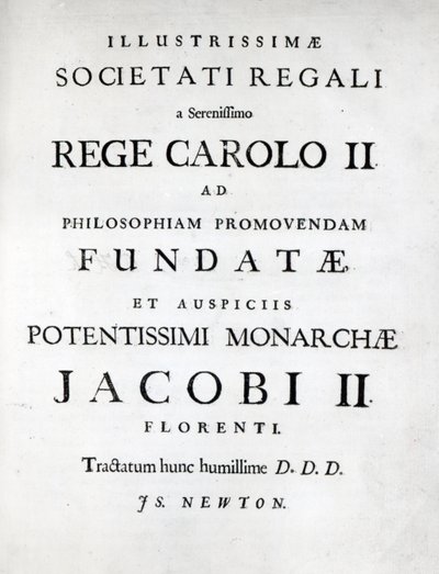Dedikation til Royal Society af den første udgave af Newtons Philosophiae Naturalis Principia Mathematica, 1687 af English School