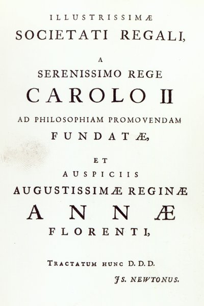 Dedikation til Royal Society i anden udgave af Newtons Philosophiae Naturalis Principia Mathematica. 1713 af English School