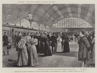 Dronning Wilhelminas og dronningens regents afgang, scene på Victoria Station den 9. maj (litho) af English School