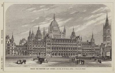 Design for Proposed Law Courts, af hr. EM Barry, ARA, View in the Strand (gravering) af English School