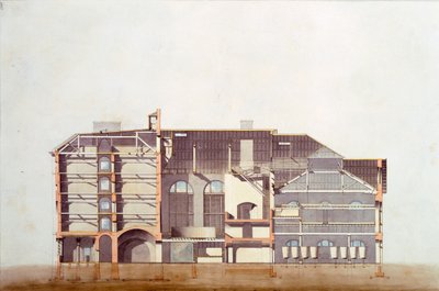 Design til Stag Brewhouse, original manuskripttegning fra George Saunders kontorer, ca. 1807 (blyant, wc og pen og blæk på papir) af English School