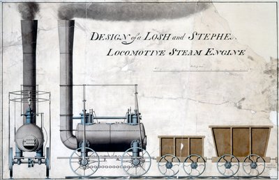 Design af en Losh and Stephenson Locomotive Steam Engine, ca. 1826 (pen & blæk og vask på papir) af English School