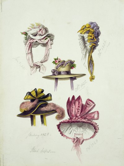 Designs til Regency Hats, 1828 (wc med blyant på papir) af English School