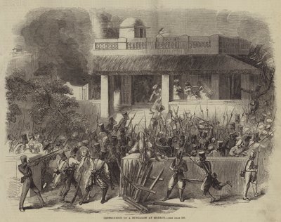 Ødelæggelse af en bungalow ved Meerut (gravering) af English School