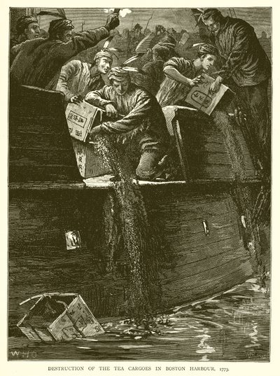 Ødelæggelse af telasterne i Boston Harbour, 1773 af English School