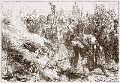 Ødelæggelse af Wicliffes værker i Prag, illustration fra The History of Protestantism af James Aitken Wylie (1808-1890), pub. 1878 af English School