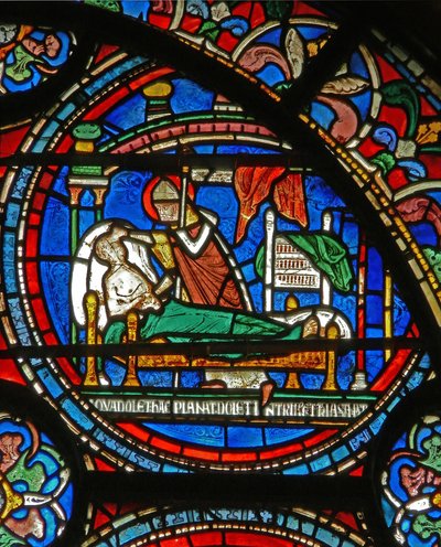 Detalje fra Mirakelvinduet, der viser St. Thomas, der besøger en syg mand i søvne af English School