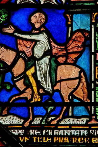 Detalje fra Mirakelvinduet, der skildrer en ridder, der rider ud af byen helbredt af English School