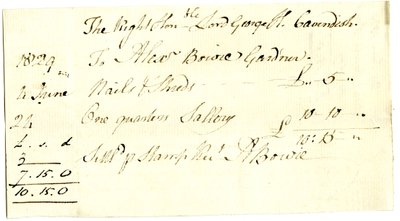 Devonshire MSS AS 3101, folio fra et bundt sedler afgjort af Pinder Simpson for Lord George Cavendish, inklusive Alexander Bowies seddel af English School